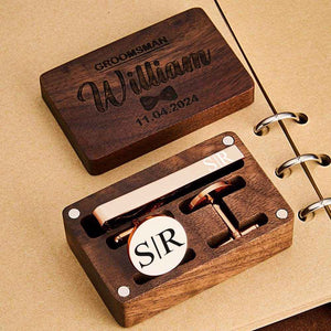 Personalized Engraved Tie Clip and Cufflinks Set – Custom Gift with Wooden Box - Customise Now