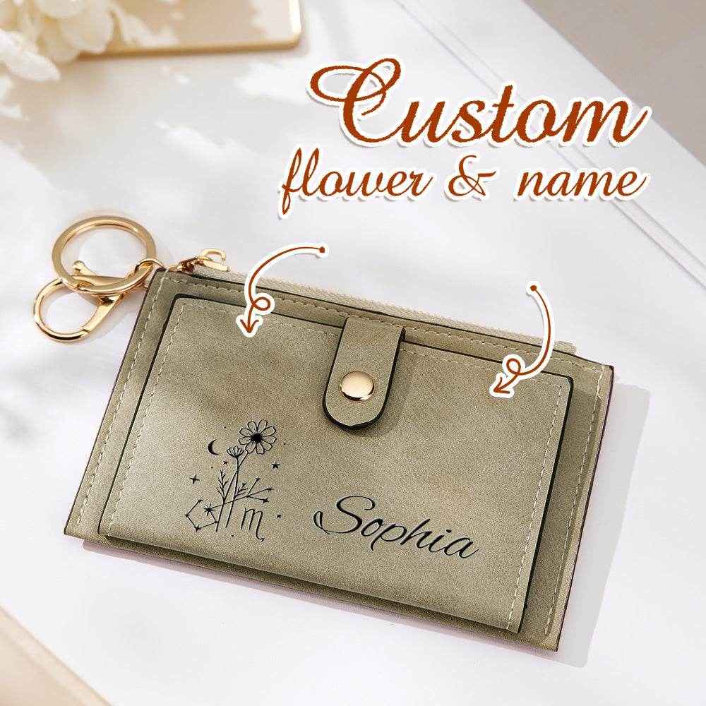 Zodiac Birth Flower Purse – Custom Name Engraved PU Leather Wallet - Customise Now