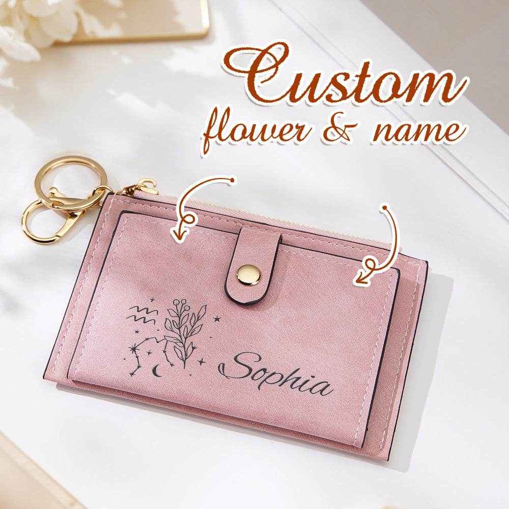 Zodiac Birth Flower Purse – Custom Name Engraved PU Leather Wallet - Customise Now