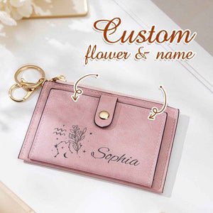 Zodiac Birth Flower Purse – Custom Name Engraved PU Leather Wallet - Customise Now
