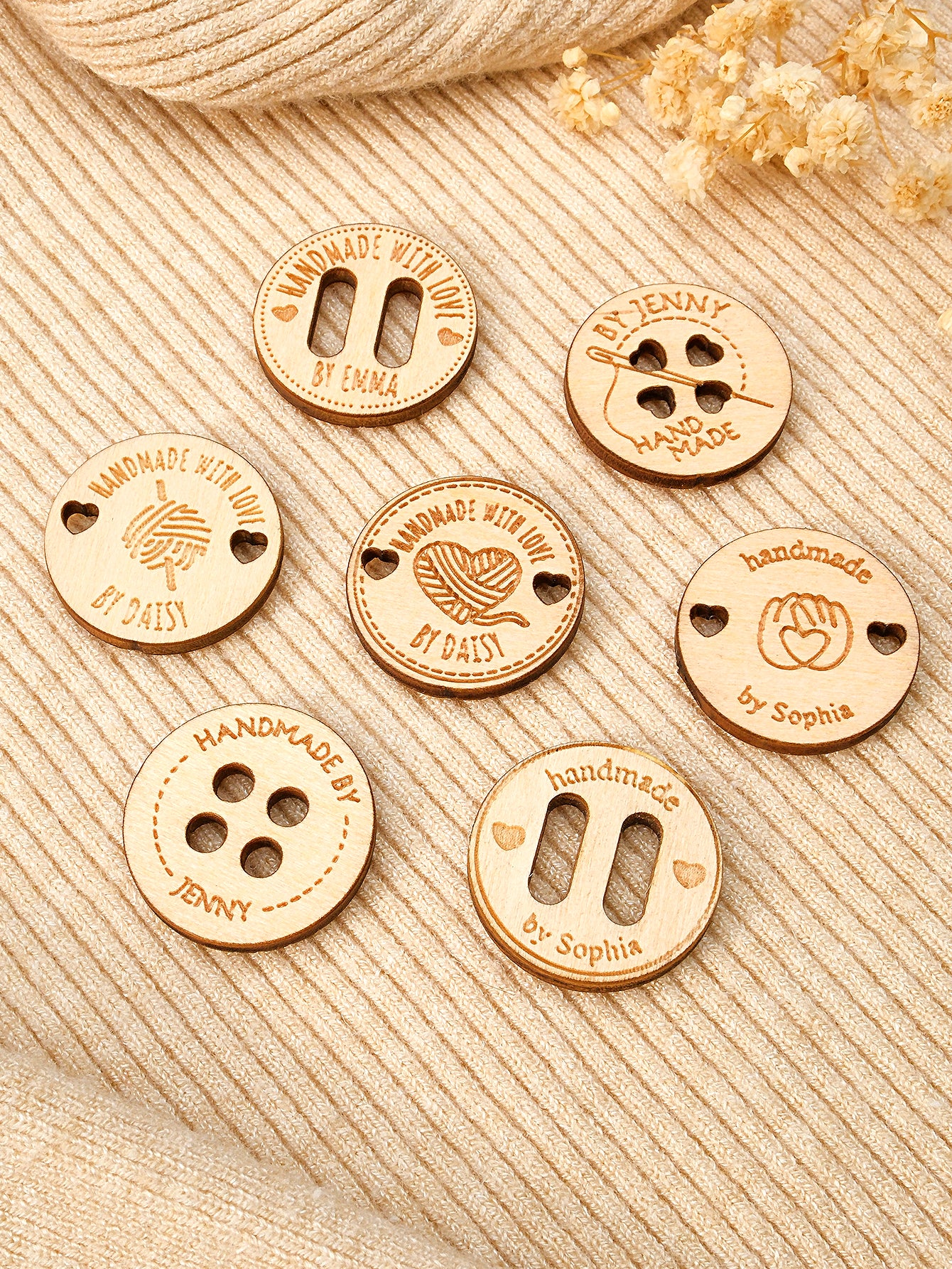 Personalized Wooden Buttons – Handmade with Love Labels