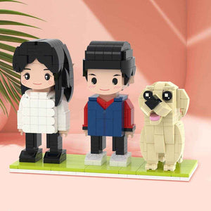 Full Body Customizable Cute Brick Figures with Dog – Round Face Style (2 People) - Customise Now