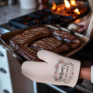 Personalized Floral Oven Mitt & Pot Holder Set – Custom Kitchen Gift with Name or Text - Customise Now