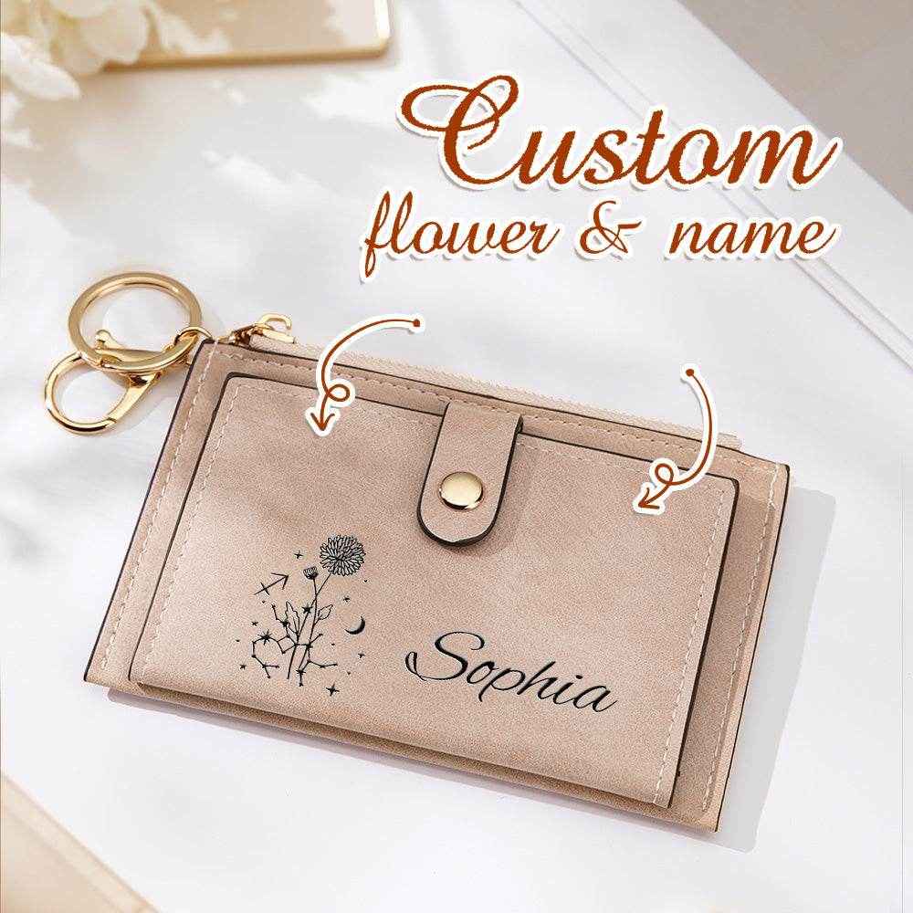 Zodiac Birth Flower Purse – Custom Name Engraved PU Leather Wallet - Customise Now