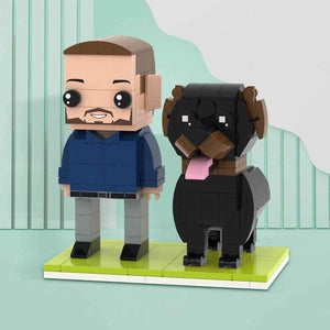 Full Body Customizable Cute Brick Figure with Dog – Square Face Style (1 Person) - Customise Now