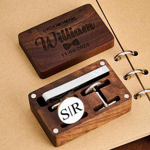Personalized Engraved Tie Clip and Cufflinks Set – Custom Gift with Wooden Box - Customise Now