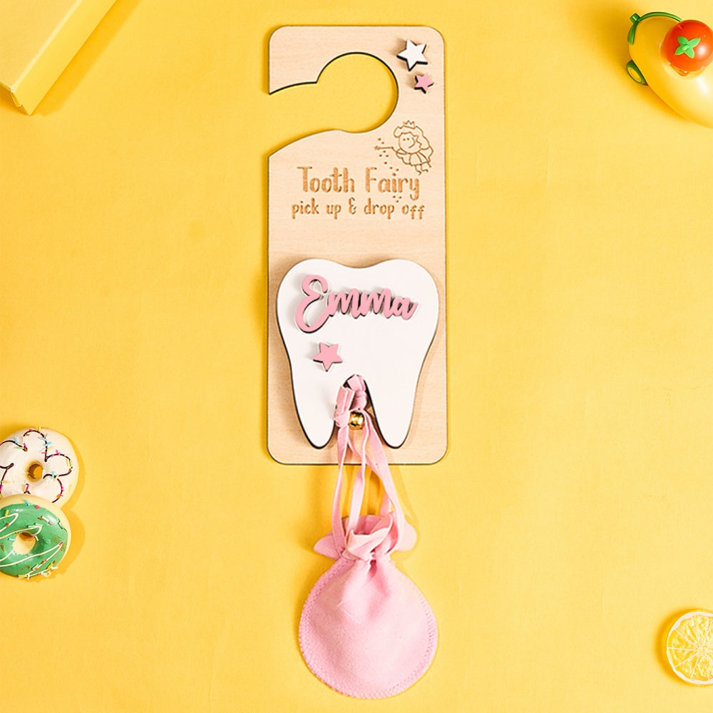 Personalized Tooth Fairy Door Hanger – Custom Wooden Keepsake with Pouch