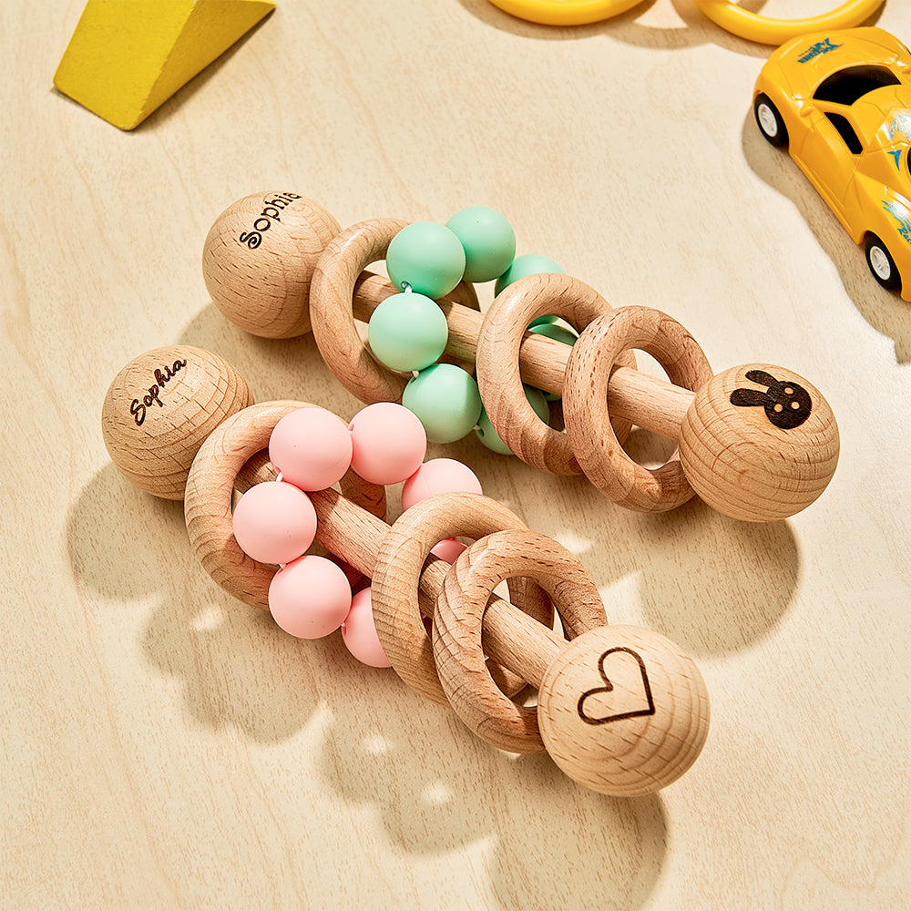 Personalized Wooden Baby Rattle with Engraved Name – Custom Baby Shower & Birthday Gift