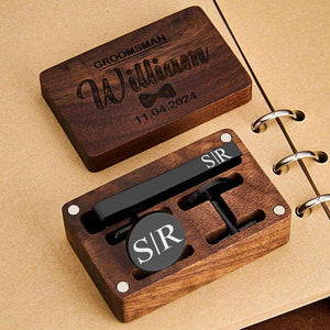 Personalized Engraved Tie Clip and Cufflinks Set – Custom Gift with Wooden Box - Customise Now