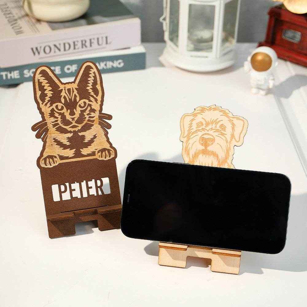 Personalized Engraved Pet Portrait Wooden Phone Stand – Custom Gift for Pet Lovers - Customise Now