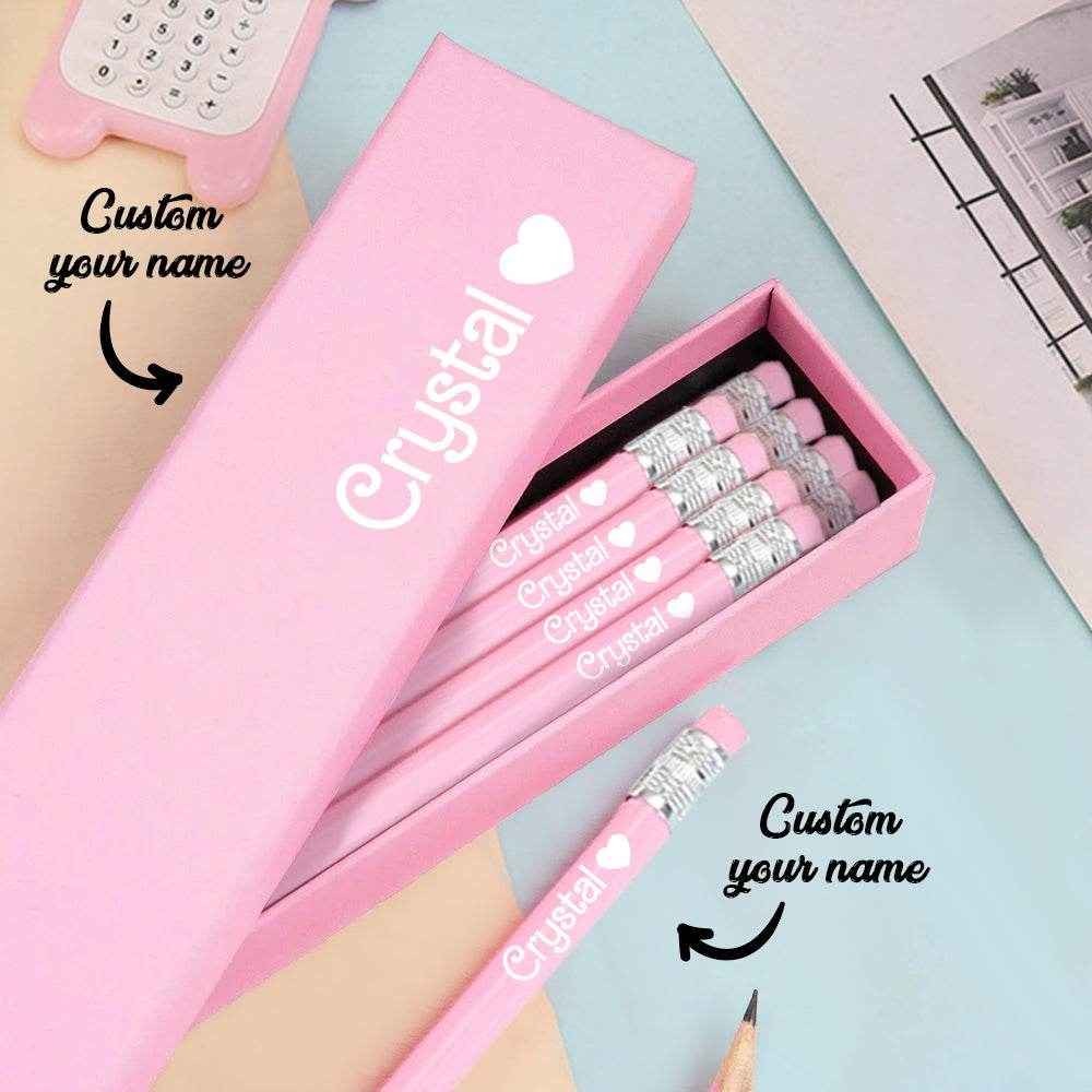 Personalized Name Pink Pencil Set – Box of 12 HB Pencils with Erasers - Customise Now