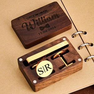 Personalized Engraved Tie Clip and Cufflinks Set – Custom Gift with Wooden Box - Customise Now