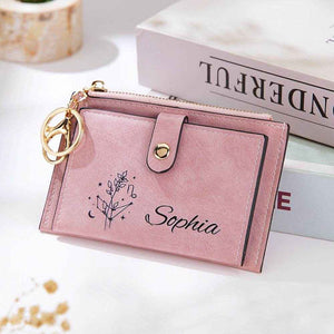 Zodiac Birth Flower Purse – Custom Name Engraved PU Leather Wallet - Customise Now