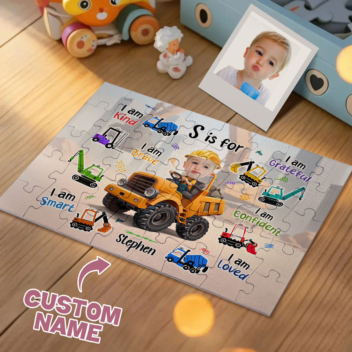 Personalized Photo Jigsaw Puzzle – Little Boy Construction Truck Gift