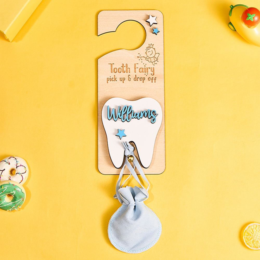 Personalized Tooth Fairy Door Hanger – Custom Wooden Keepsake with Pouch