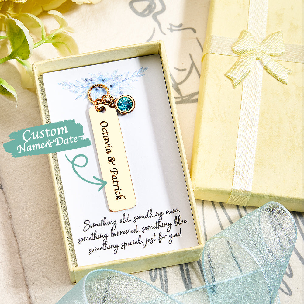 Personalized Bridal Bouquet Charm – Custom Engraved Wedding Keepsake with Blue Crystal