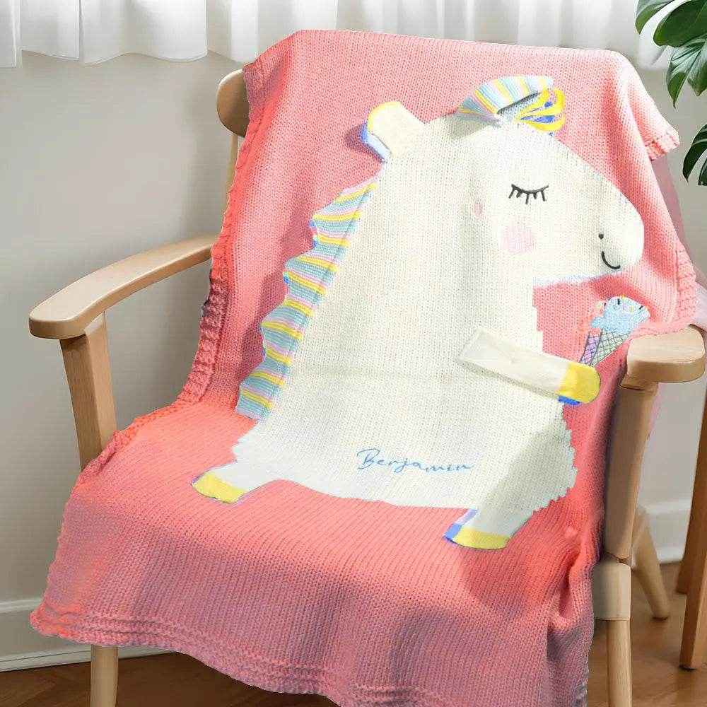 Personalized Knitted Unicorn Blanket – Custom Name Baby Blanket - Customise Now