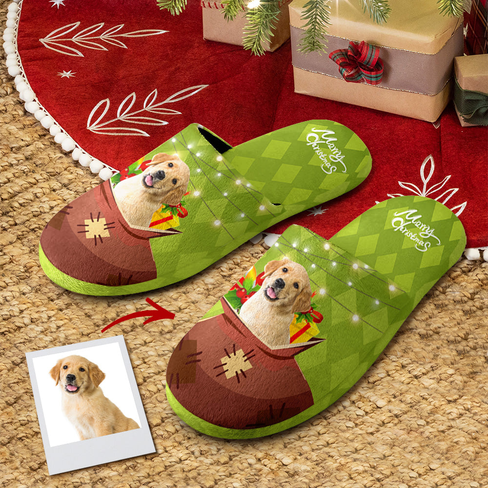 Custom Pet Face Christmas Slippers – Personalized Cotton House Shoes
