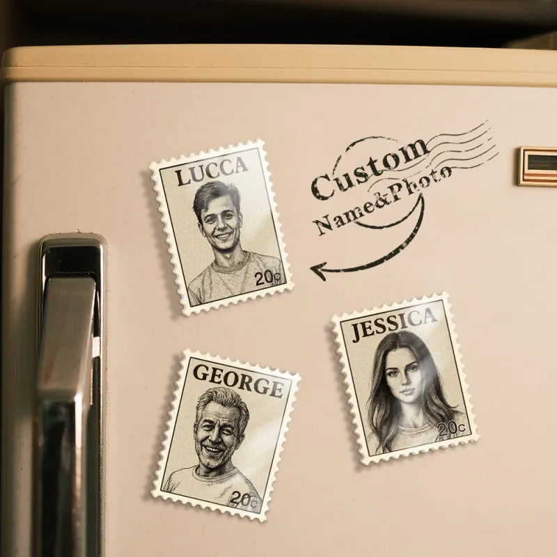Custom Portrait Vintage Stamp Fridge Magnet – Personalized Photo & Name Magnet