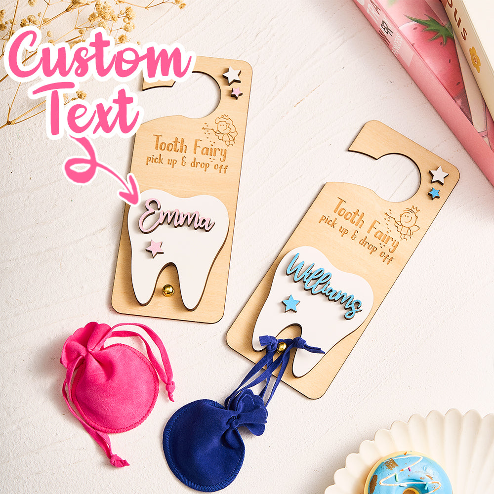 Personalized Tooth Fairy Door Hanger – Custom Wooden Keepsake with Pouch