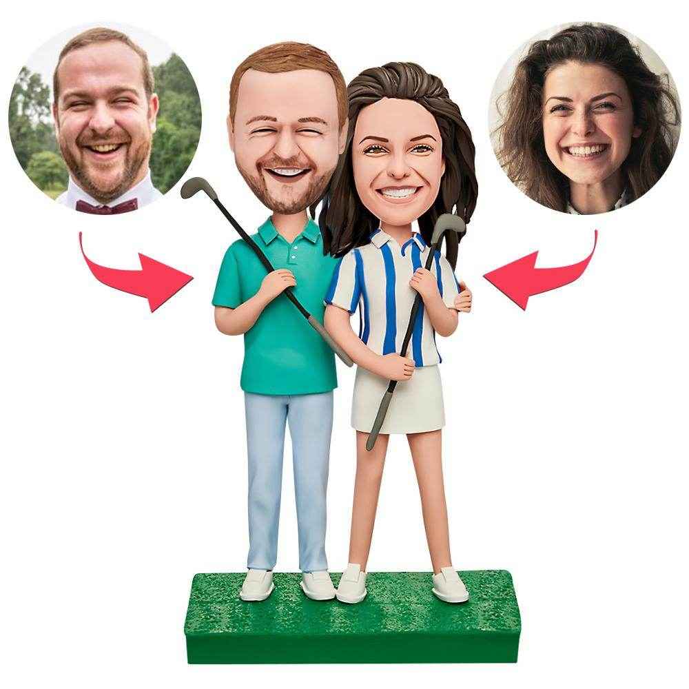 Custom Bobblehead for Golf Lovers – Couple Holding Golf Clubs Figurine - Customise Now