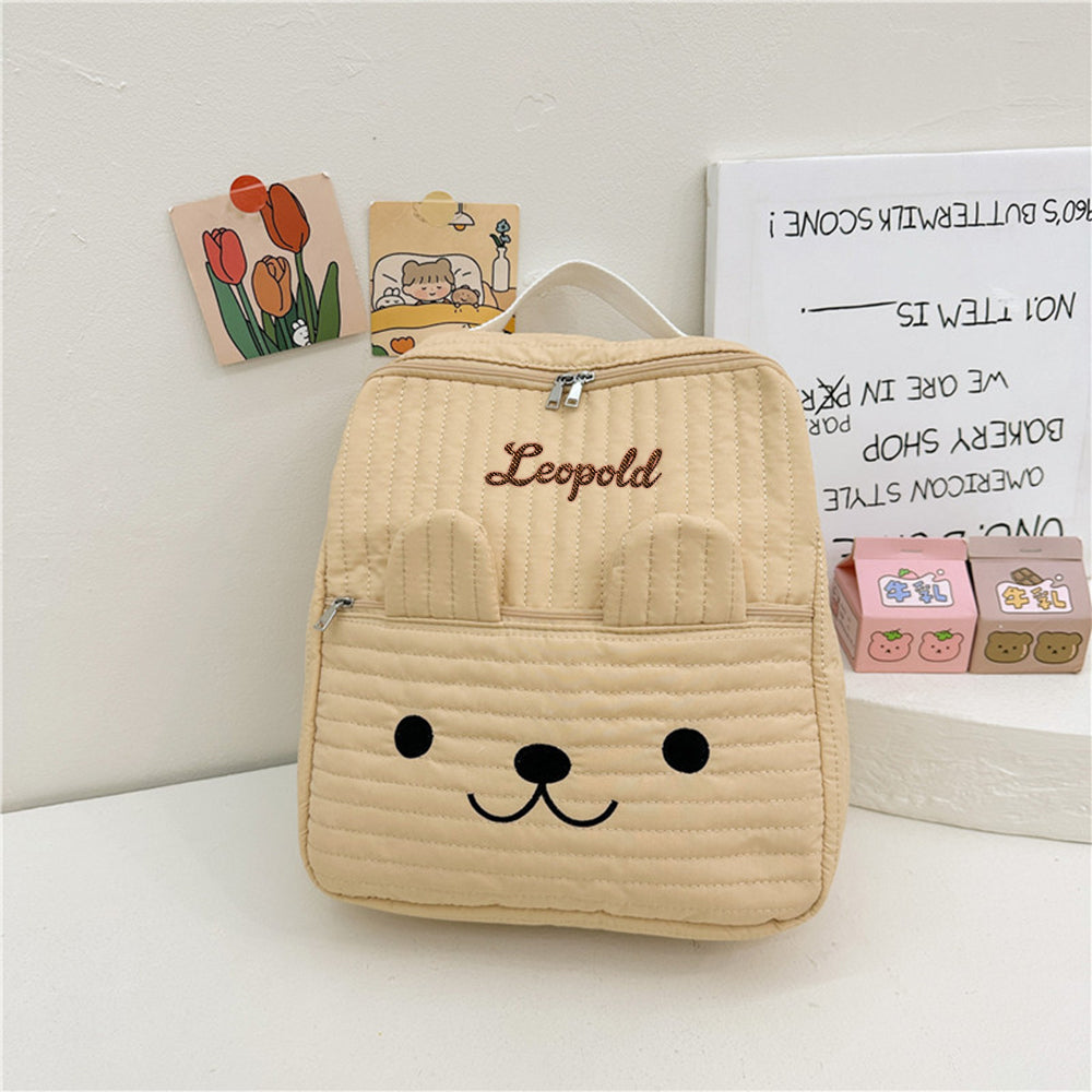 Personalized Name Embroidery Backpack – Cute Quilted Animal Face Design for Kids