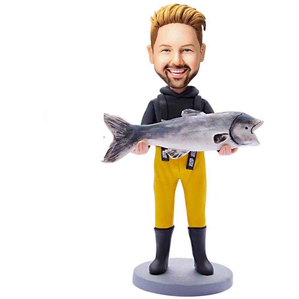 Custom Bobblehead for Fishermen – Angler Holding a Giant Fish Collectible - Customise Now