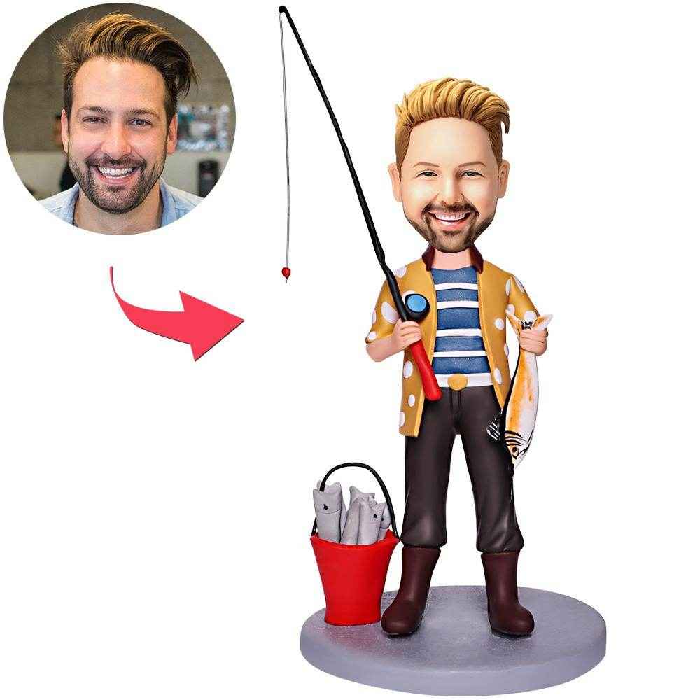 Personalized Fishing Bobblehead – Custom Fisherman Holding Rod & Catch - Customise Now