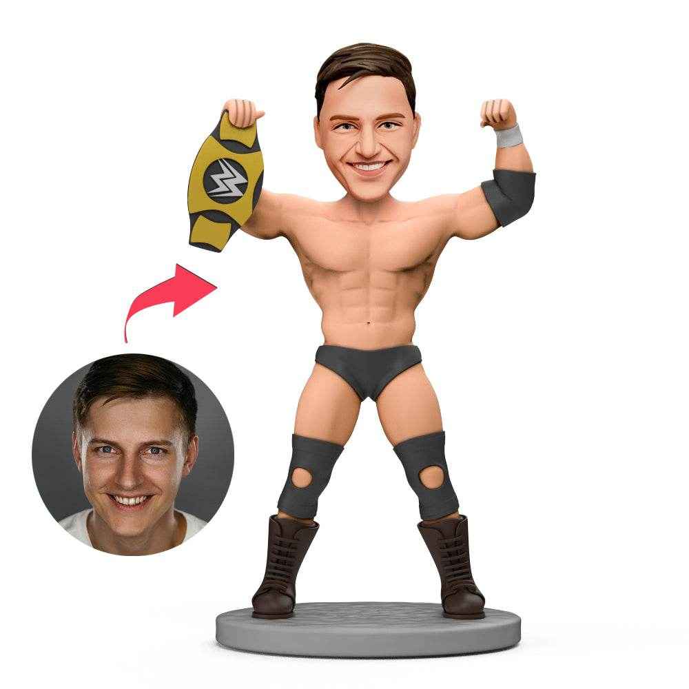 Custom Wrestling Bobblehead – Champion Wrestler Holding Gold Belt - Customise Now