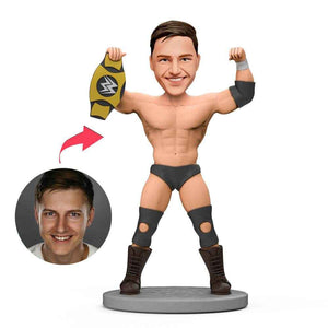 Custom Wrestling Bobblehead – Champion Wrestler Holding Gold Belt - Customise Now