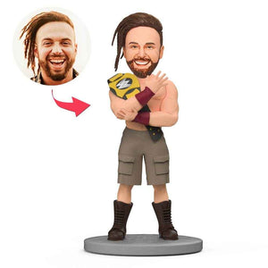 Custom Wrestling Bobblehead – Champion Holding Gold Belt Over Shoulder - Customise Now