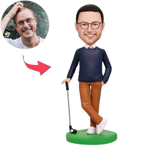 Custom Golfer Bobblehead – Personalized Figurine Leaning on Golf Club - Customise Now