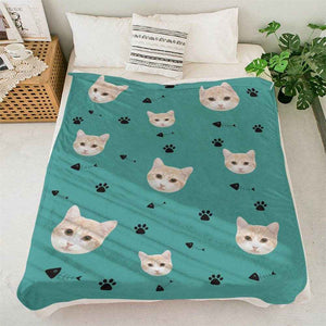 Personalized Cat Photo Blanket – Soft Mink Wool with Adorable Paw & Fishbone Pattern - Customise Now