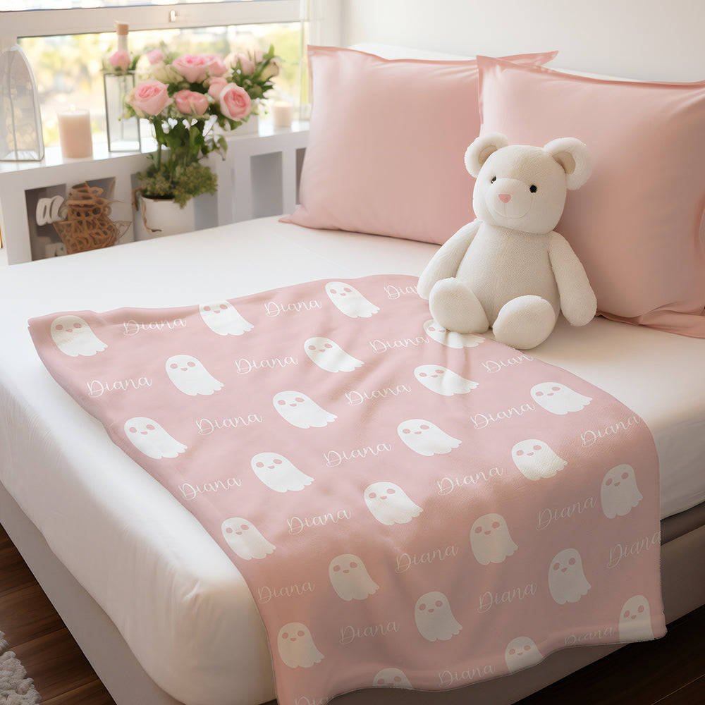 Personalized Cute Ghost Halloween Blanket – Custom Name Flannel Throw