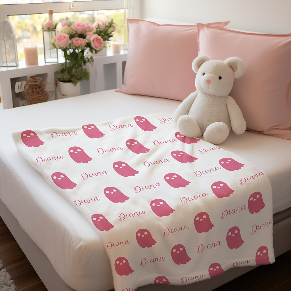 Personalized Cute Ghost Halloween Blanket – Custom Name Flannel Throw