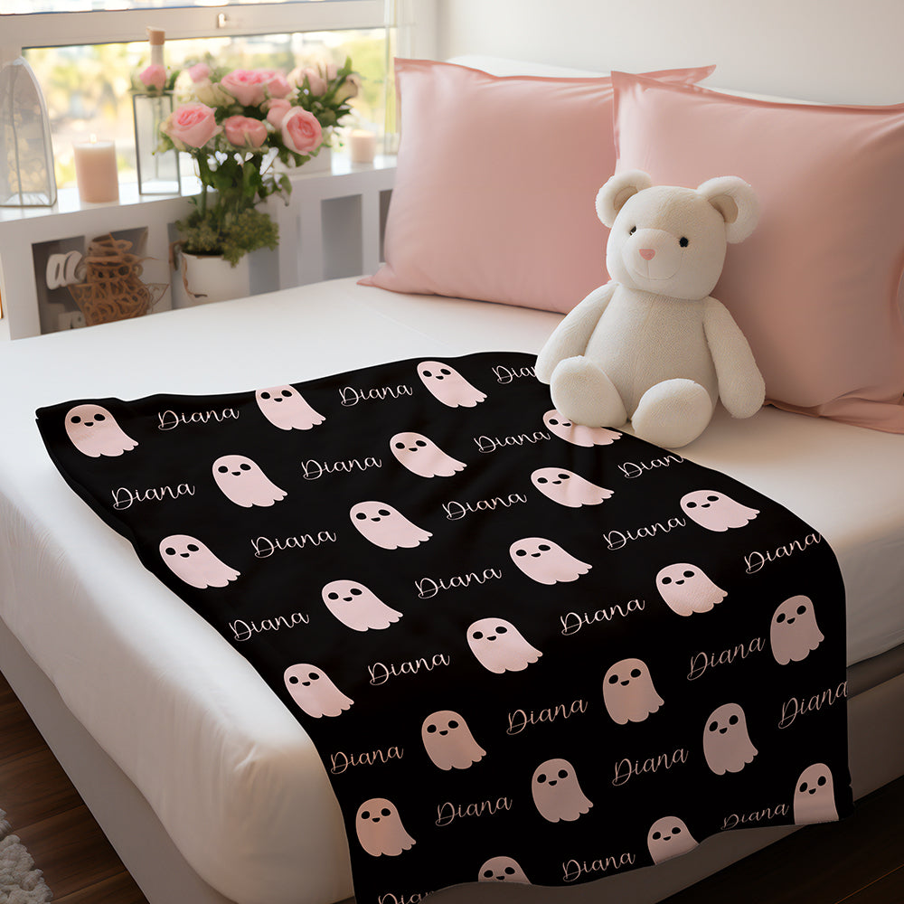 Personalized Cute Ghost Halloween Blanket – Custom Name Flannel Throw