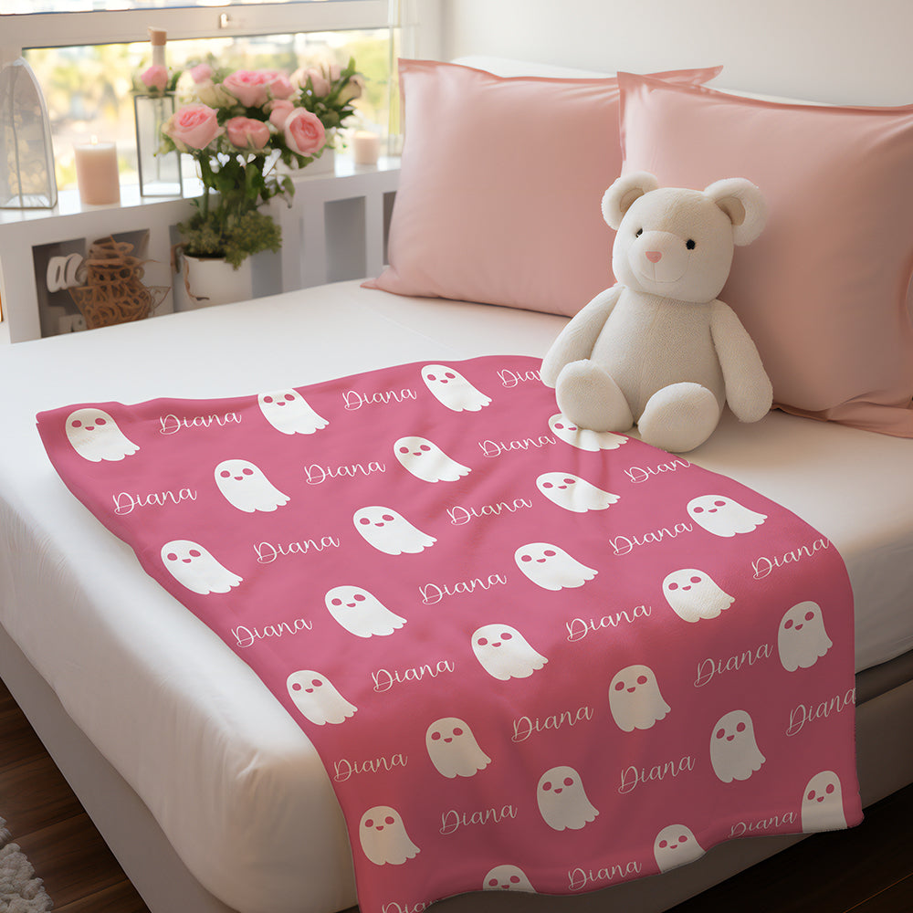 Personalized Cute Ghost Halloween Blanket – Custom Name Flannel Throw