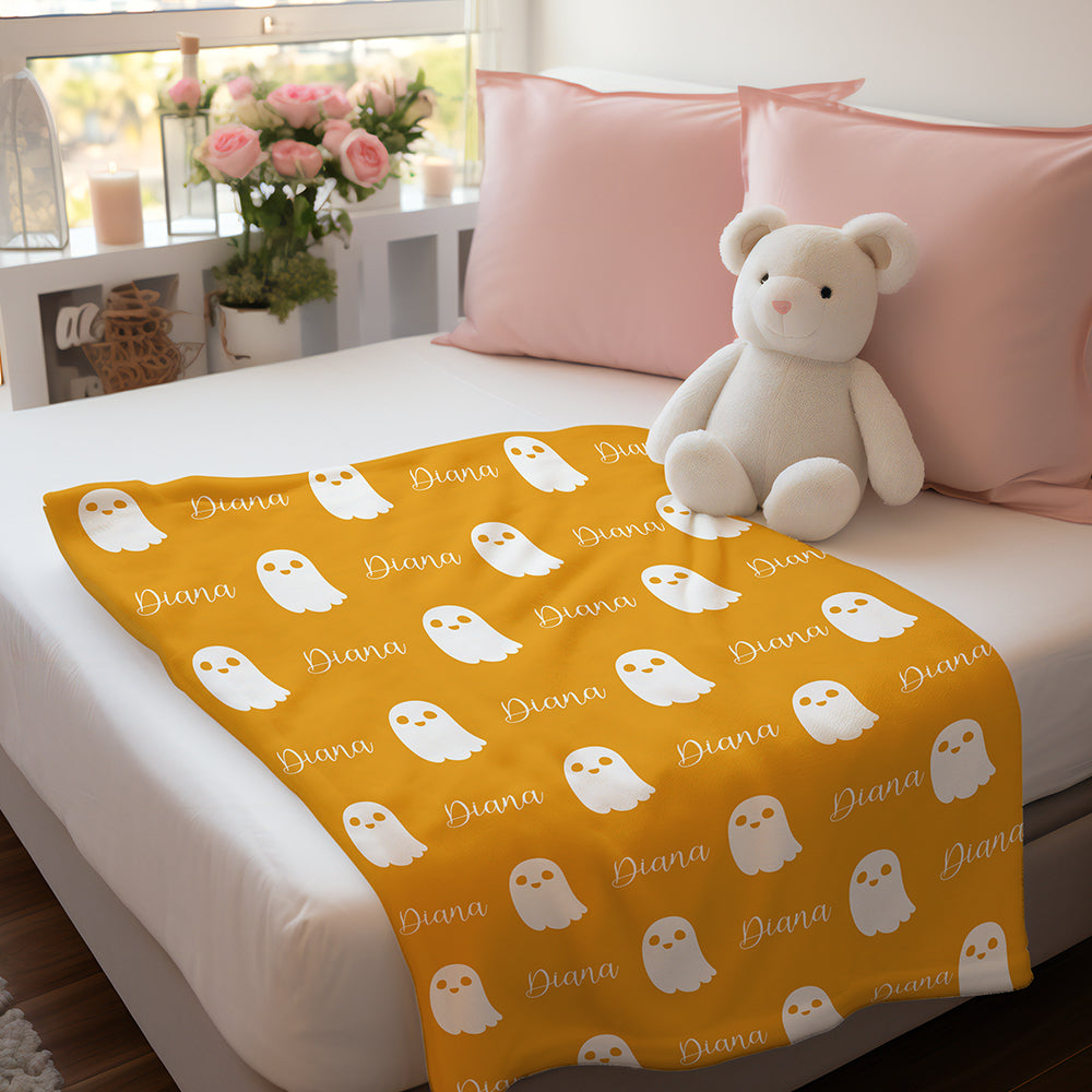 Personalized Cute Ghost Halloween Blanket – Custom Name Flannel Throw