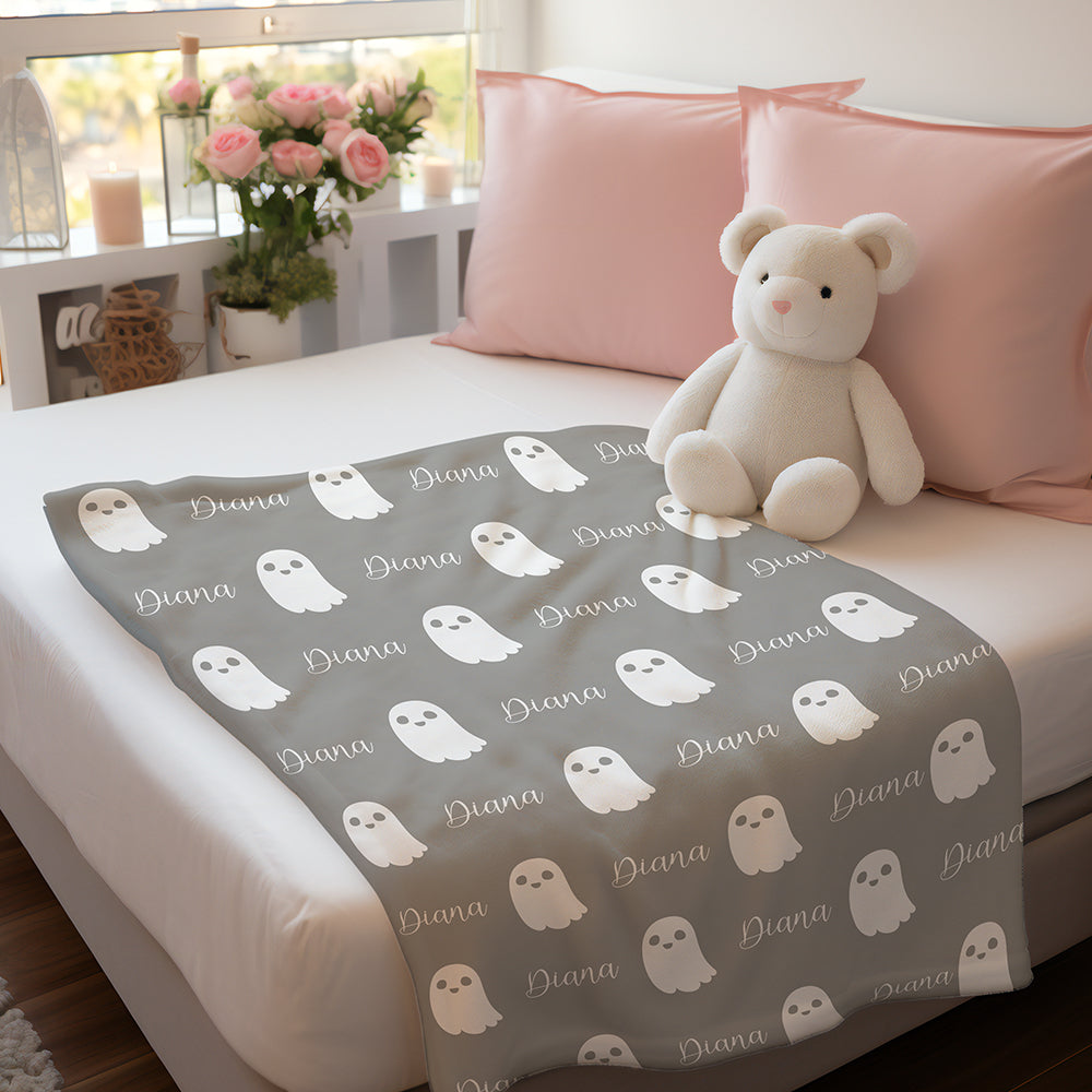 Personalized Cute Ghost Halloween Blanket – Custom Name Flannel Throw