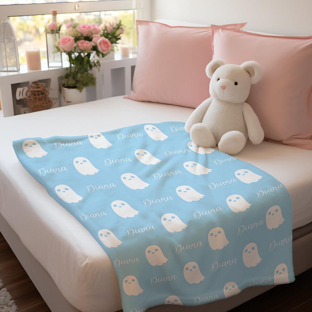Personalized Cute Ghost Halloween Blanket – Custom Name Flannel Throw