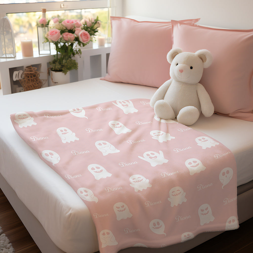 Personalized Spooky Ghost Halloween Blanket – Custom Name Flannel Throw