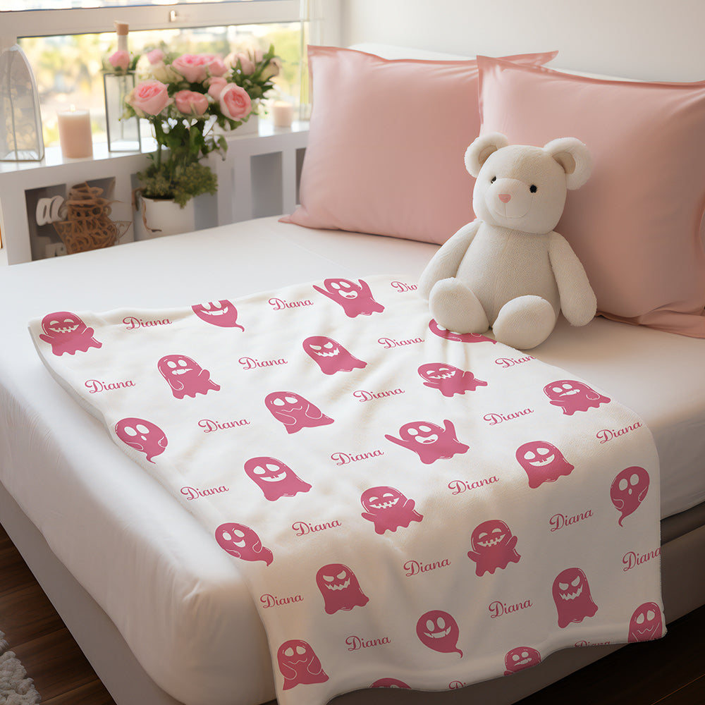 Personalized Spooky Ghost Halloween Blanket – Custom Name Flannel Throw