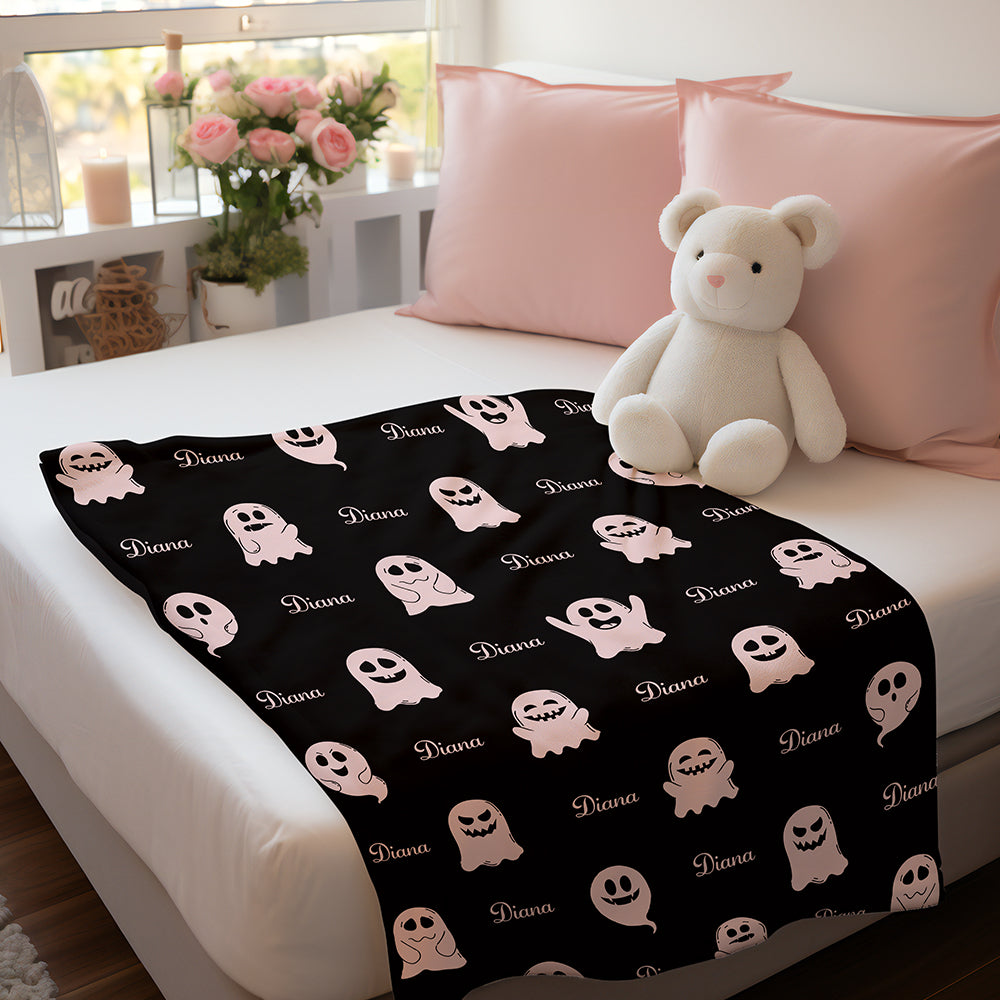 Personalized Spooky Ghost Halloween Blanket – Custom Name Flannel Throw