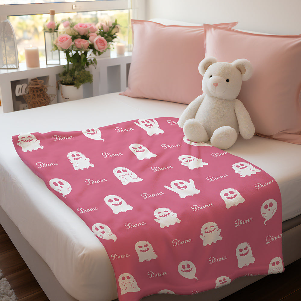 Personalized Spooky Ghost Halloween Blanket – Custom Name Flannel Throw