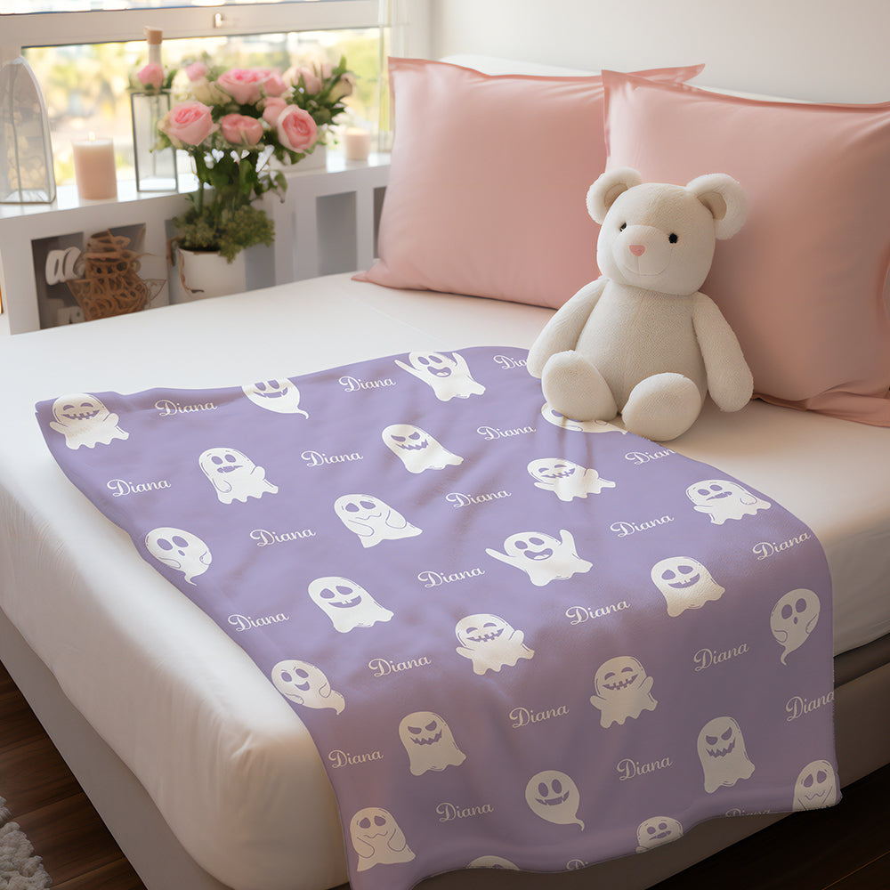 Personalized Spooky Ghost Halloween Blanket – Custom Name Flannel Throw