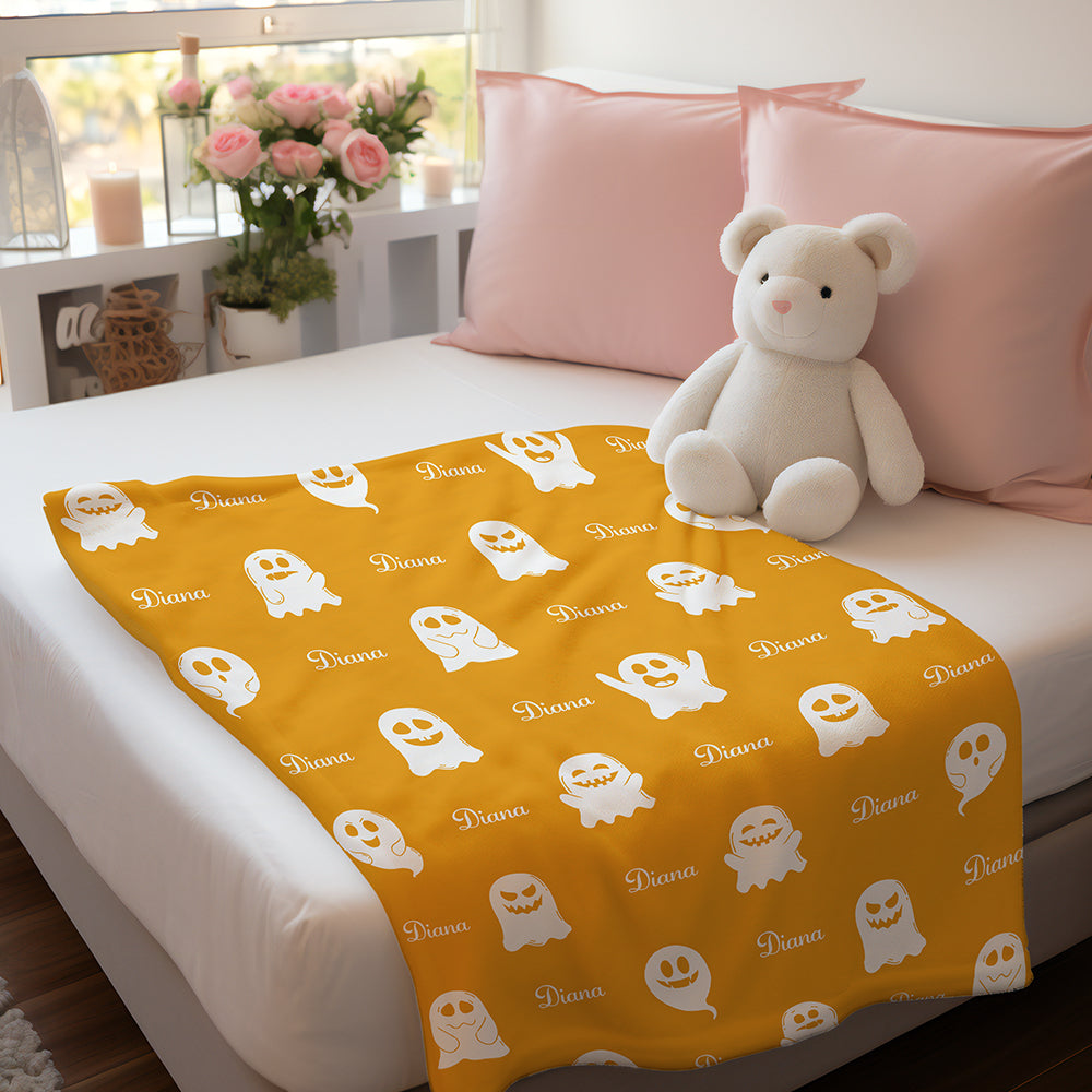 Personalized Spooky Ghost Halloween Blanket – Custom Name Flannel Throw