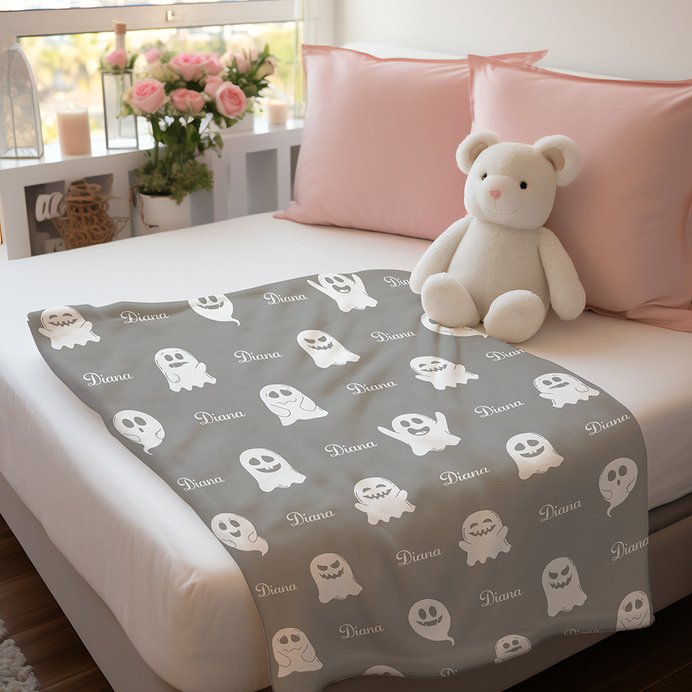 Personalized Spooky Ghost Halloween Blanket – Custom Name Flannel Throw