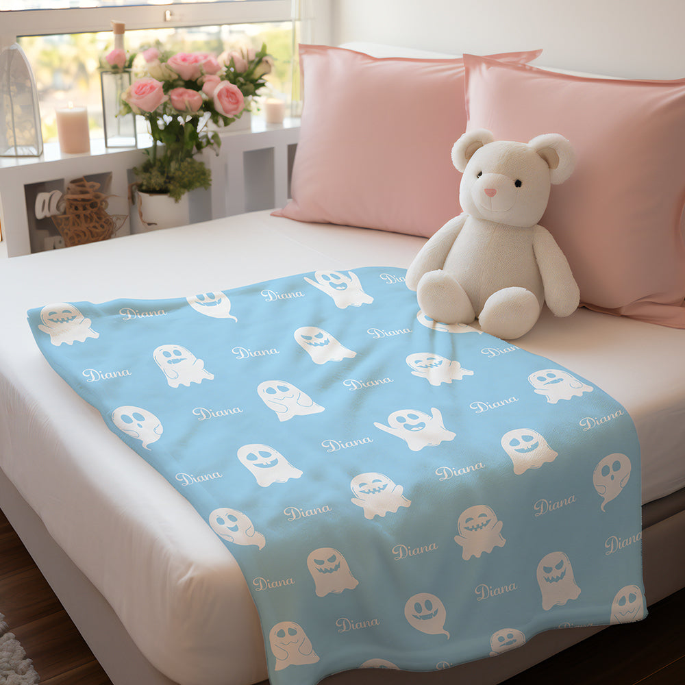 Personalized Spooky Ghost Halloween Blanket – Custom Name Flannel Throw