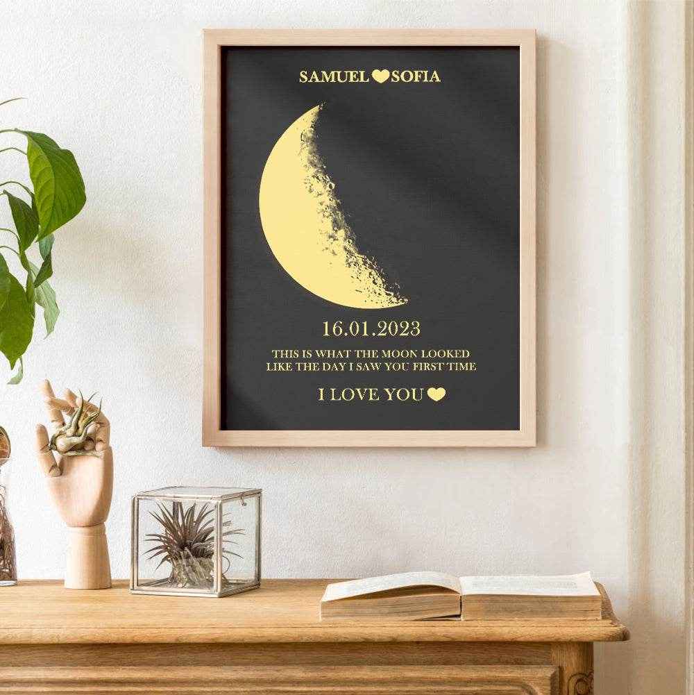 Custom Text & Moon Phase Frame – Romantic Wooden Gift for Couples - Customise Now