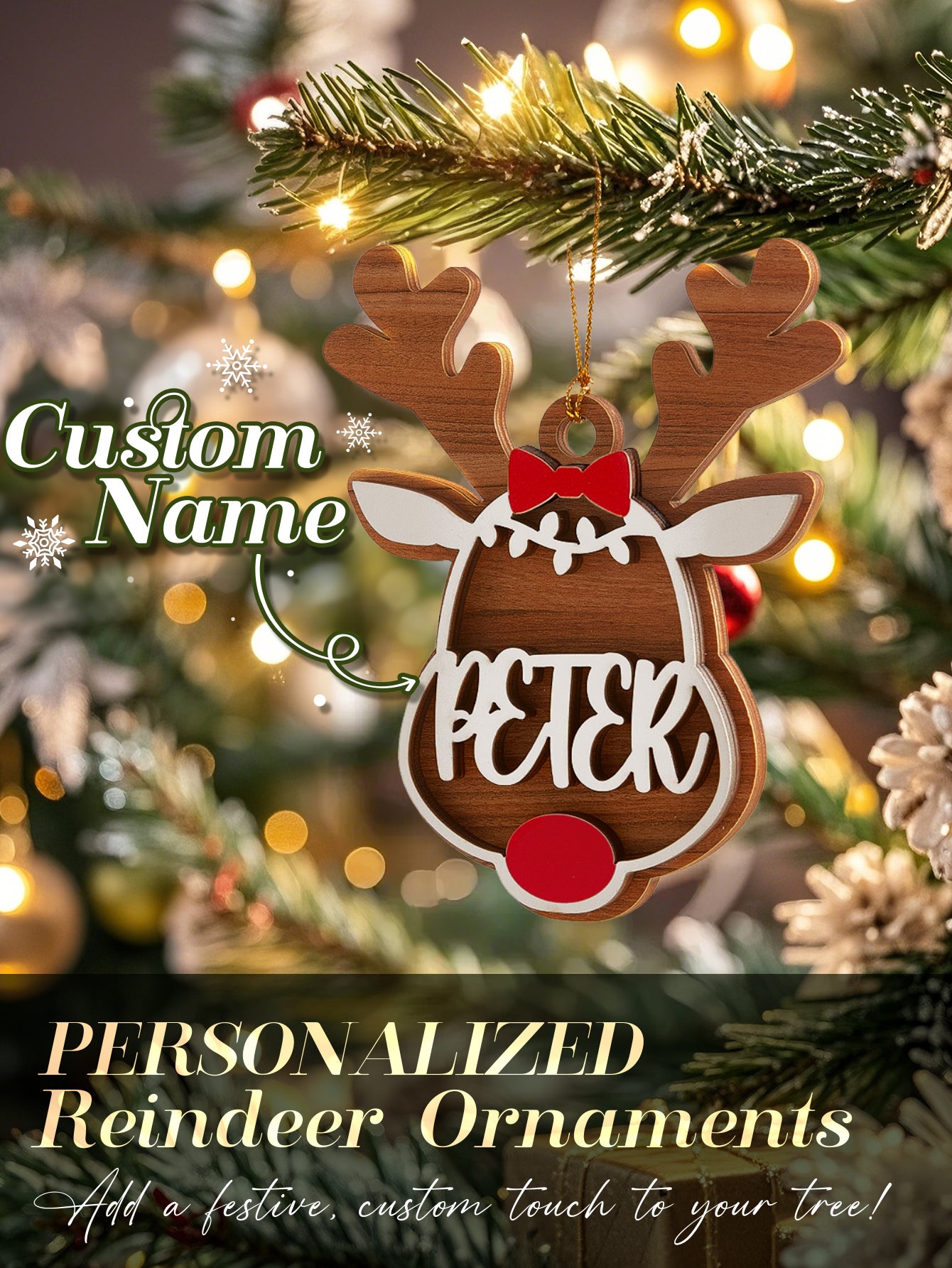 Personalized Reindeer Ornament – Custom Name Christmas Tree Decoration